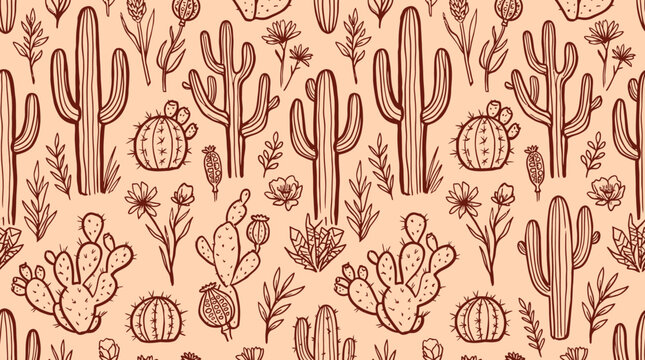 A hand drawn pattern featuring various desert plants and flowers on a peach background