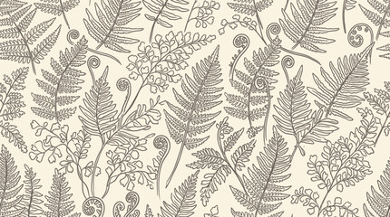 Hand drawn pattern showcases various ferns and flowers on a cream background © Crushin