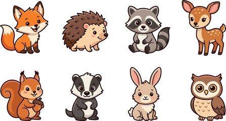 Fototapeta premium Cute Woodland Animals Vector Illustration Set Featuring Cartoon Fox Hedgehog Raccoon Deer Squirrel Badger Rabbit and Owl