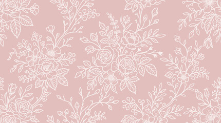 Fototapeta premium A beautiful Hand drawn pattern of flowers and leaves on a pink background with white illustrations.
