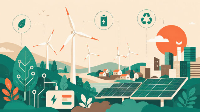 A cartoon drawing of a farm with solar panels and wind turbines on it.-(Gambaran kartun tentang sebuah peternakan dengan panel suria dan kincir angin di atasnya.)