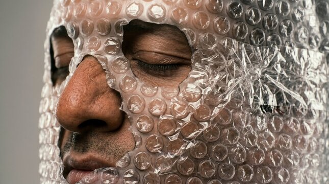Hombre con rostro parcialmente cubierto por pl&aacute;stico de burbujas industrial