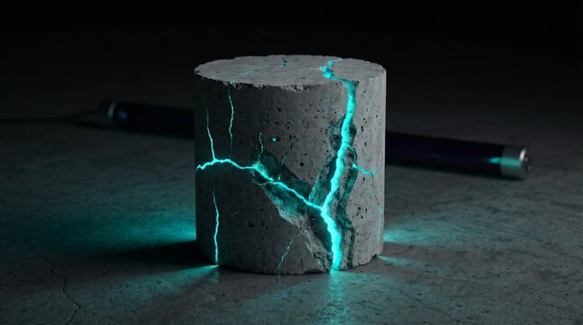 Cilindro de concreto fisurado con resina cian luminosa