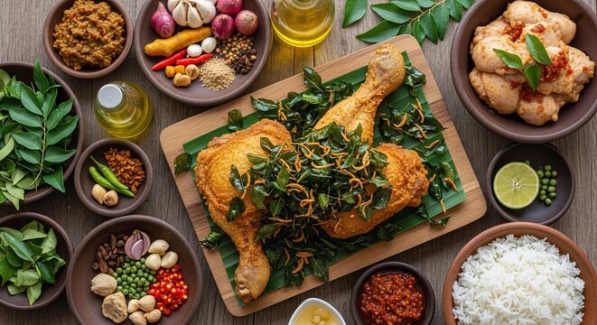 Gourmet fried chicken meal overhead view
