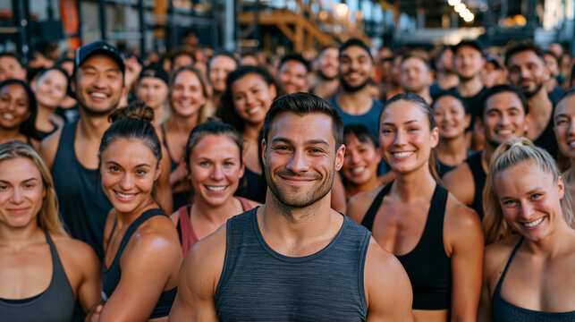 Fitness challenge group photo taken in an industrial warehouse gym setting after a group workout, participants visibly exhausted and satisfied, sweat-dampened clothes and genuine unposed grins creat