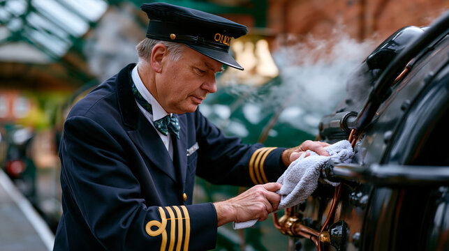 Heritage railway volunteer in period stationmaster uniform polishing brass fittings on a fully restored steam locomotive as coal smoke drifts past the brick platform canopy of a rural heritage railw