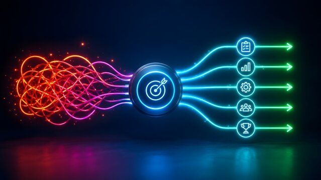Tangled neon wires passing through central target node into straight organized green arrows. Concept of complex problem solving, workflow optimization, and automation.