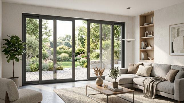 Modern living room interior with large black aluminum sliding glass doors overlooking garden
