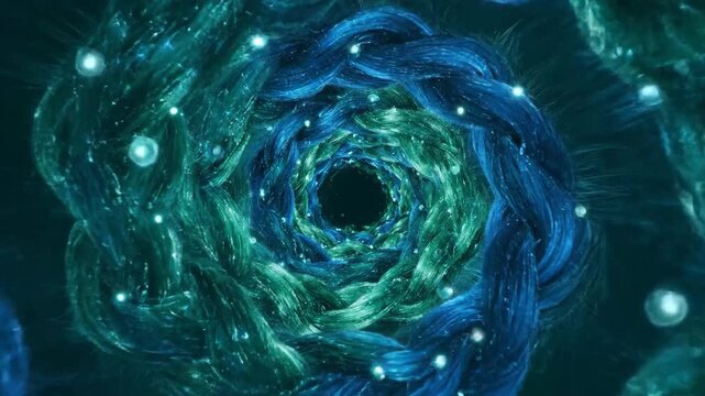 Abstract Blue Green Swirl with Glowing Particles Hypnotic Vortex Motion Background.