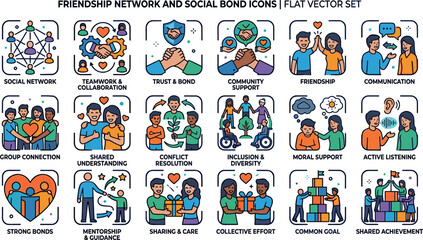 Fototapeta premium Friendship Network and Social Bond Icons – Flat Vector Set of 18 Community Illustrations