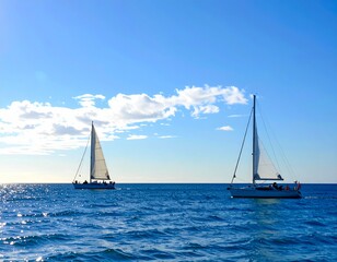 Fototapeta premium Small Boat on Calm Sea with Beautiful Coastal Landscape and Scenic Ocean View
