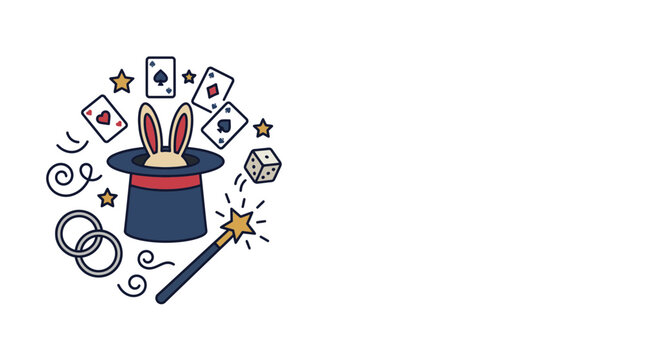 Magic Show Elements Illustration with Rabbit in Hat and Playing Cards