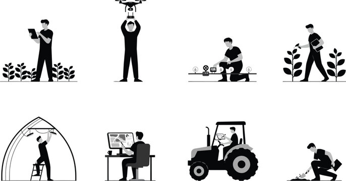 Modern smart farming technology with drone, sensors, tablets, greenhouse monitoring, soil sampling, and precision agriculture data analysis for sustainable crop production