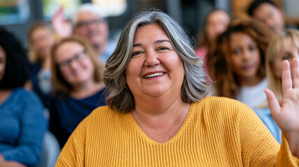 Fototapeta premium Overweight woman raising her hand to speak at a weight loss support group circle seated in folding chairs inside a community hall, other members leaning in with engaged expressions, raw vulnerabilit