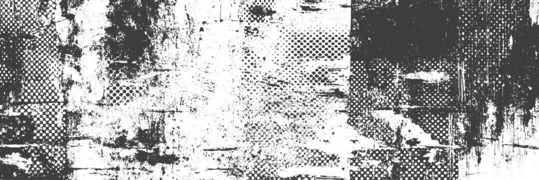 Black and White Grunge Banner with Distressed Halftone Texture and Urban Street Art Style