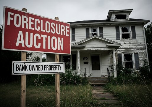 Abandoned Foreclosure House With Bank Owned Property and Auction Sign in Overgrown Yard