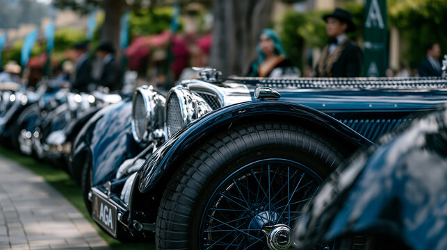 Row of polished prewar roadsters gleaming under overcast morning sky at a formal concours d'elegance field event, white-gloved judges examining chrome engine bays while owners in period driving atti