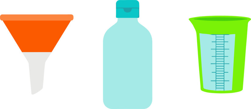 Liquid Measuring and Dispensing Utensils Vector Icon Set Featuring Orange Funnel Blue Plastic Bottle and Green Graduated Measuring Cup Designs