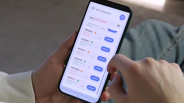 Modern user choosing a secure Wi-Fi network from a list on a mobile device. High-impact footage showing a seamless connection process. Great for videos about remote work, digital nomads, and internet