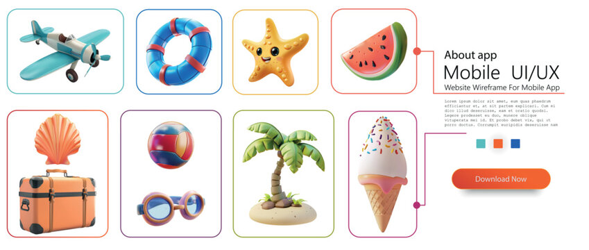 Summer themed mobile app UI layout with colorful 3D icons