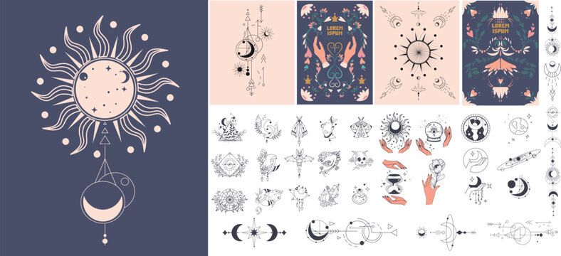 Celestial boho sun moon symbols and mystical card vector set
