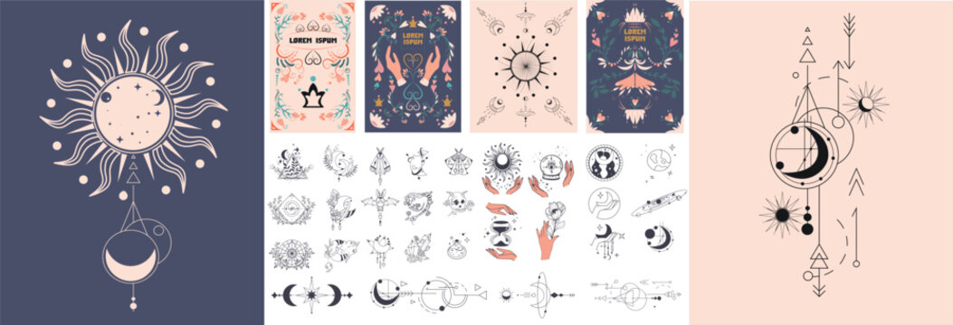 Celestial boho tarot card templates and mystical line art set