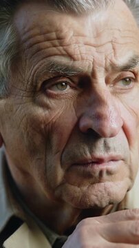 Vertical video: Looking left senior man narrowing eyes then resting at home in jacket, hand at chin