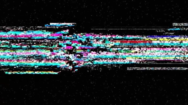 Abstract neon light streaks and digital distortion animation on starry black background