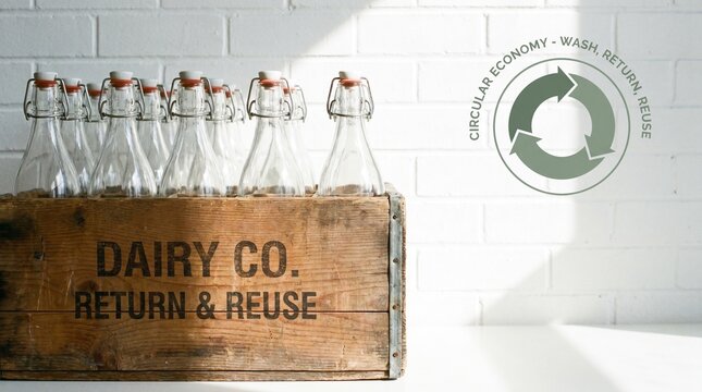 Vintage wooden crate with empty glass milk bottles, return and reuse circular economy packaging concept