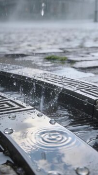 Vertical video: Single drop starting rain making splash crowns on puddle on street drain, draining