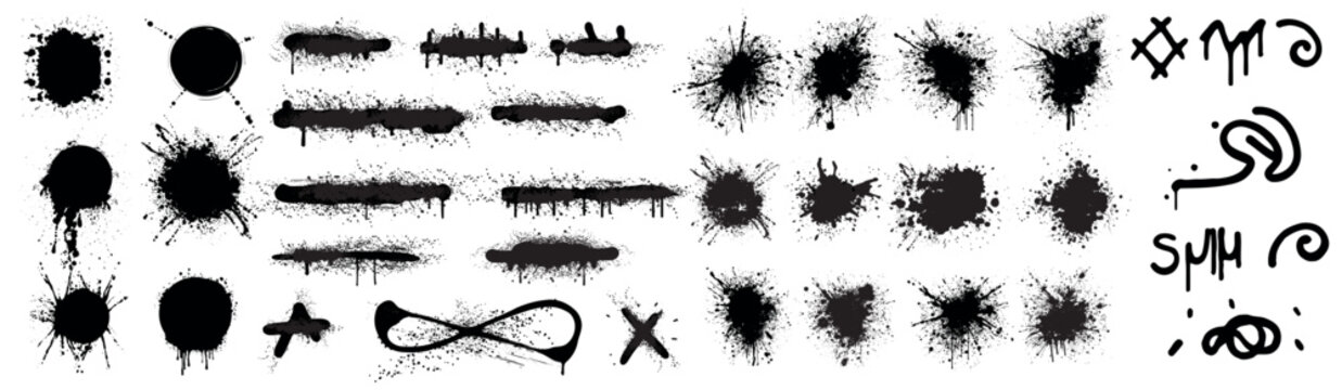 Black grunge spray paint splatter and drip vector set