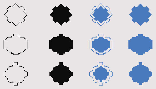 Set of Islamic geometric window frames and traditional Arabic borders in silhouette and outline vector styles for Ramadan and Eid card design