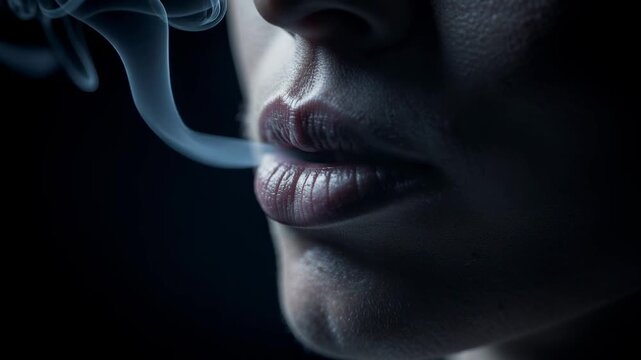 Close up of lips exhaling smoke with dark background showing smoking habit and air pollution