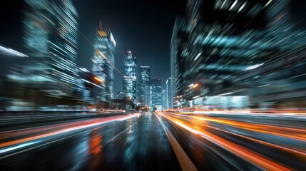 Obraz premium Futuristic city street at night with light trails from vehicles. Tall buildings with glowing windows create a sense of speed and advanced technology. 
