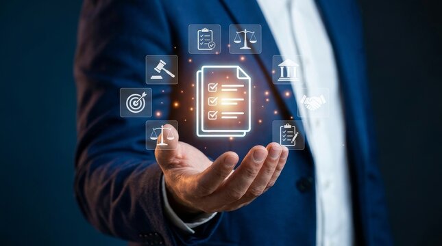 Businessman holding glowing legal compliance icons and digital document checklist