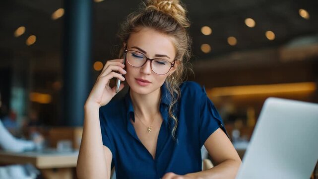 Businesswoman on the Phone: A focused businesswoman with glasses and her hair in a bun speaks on her phone, with a laptop open in front of her, suggesting a busy and productive work session.