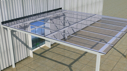 Fototapeta premium 3D architectural visualization of a modern glass canopy with steel support structure. Contemporary building entrance featuring transparent roofing, structural detailing, and commercial exterior design