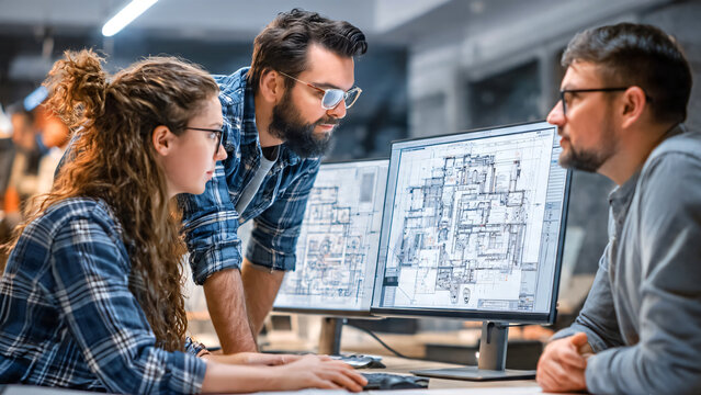Professional architect collaboratively reviewing detailed floor plans and architectural blueprints on a large computer monitor with colleagues in a modern design studio.