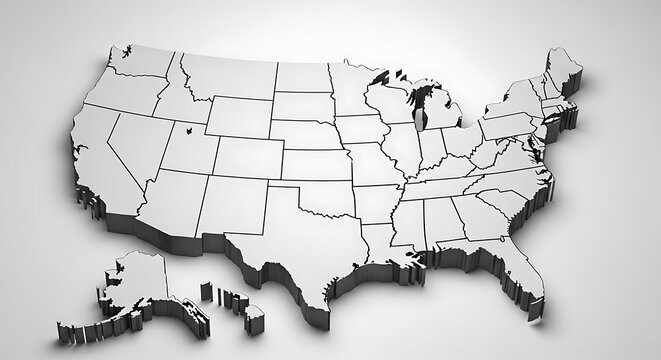 3d rendered map of the united states of america with states borders isolated on white background