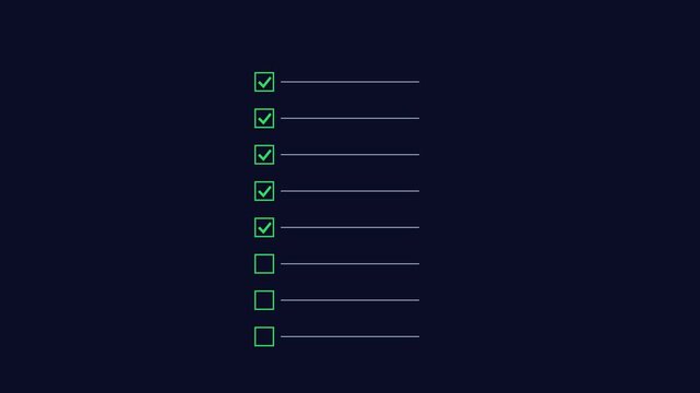 Animated checklist with green checkmarks appearing on dark background, for task management, and productivity concepts