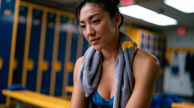 Exhausted woman in athletic wear sits on a gym locker room bench staring at unchanged scale numbers, towel over her shoulders, fluorescent overhead lighting casting harsh shadows, weight loss platea