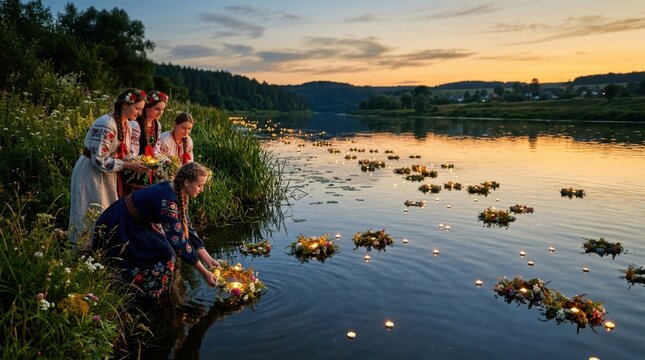 Young women in traditional clothing release flower wreaths with candles into a river at sunset