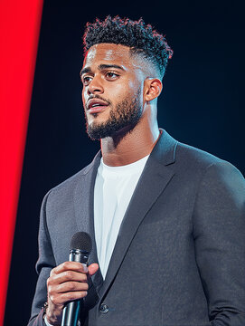 Confident young man delivering a motivational speech on stage with a microphone in hand against a vibrant background