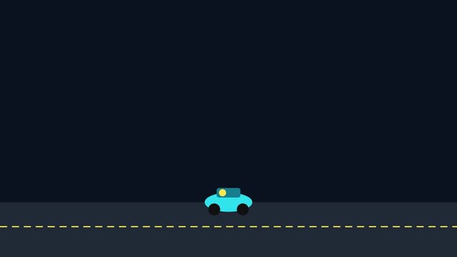 Minimalist flat animation of a blue car driving on a dark road at night flat minimalist motion transportation