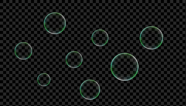 Glowing Green Soap Bubbles Backdrop. Transparent Floating Spheres