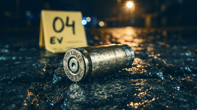 Spent bullet casing on a dark surface with evidence marker collecting evidence for detective concepts
