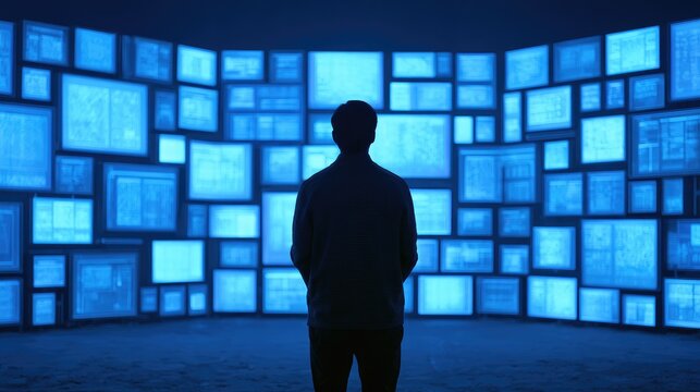 Silhouette of a person standing in front of a wall of glowing blue computer screens.