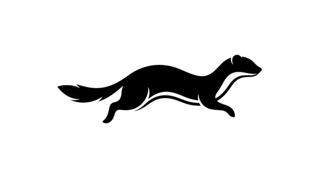 Black silhouette of a running weasel or mink in motion on white background