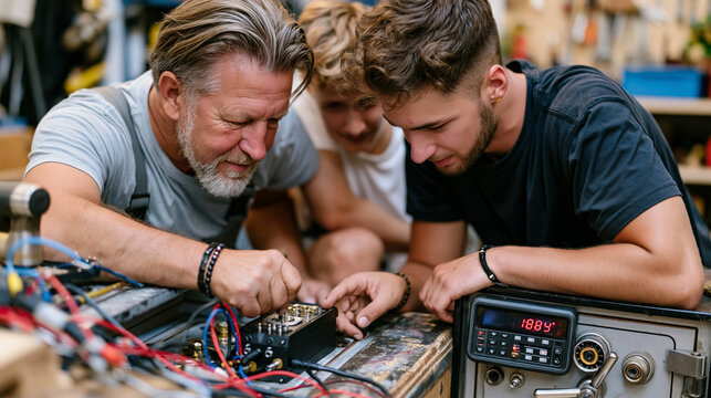 Locksmith kneeling beside a vintage safe with a modern digital key decoder beside it on a worn workshop floor, problem resolution concept for security consulting, intergenerational craftsman and app