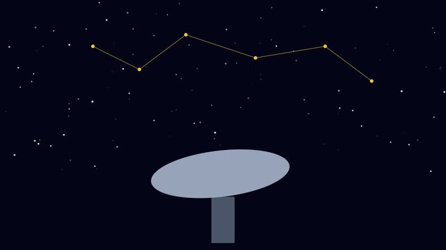 Rotating satellite dish antenna tracking constellation in night sky animation communication space
